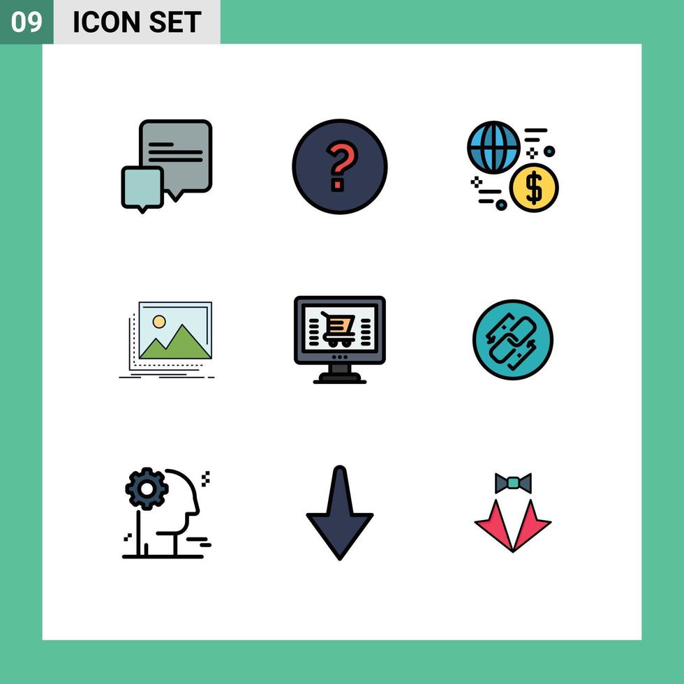 9 thematische Vektor-Fülllinien-Flachfarben und editierbare Symbole von Computer-Foto-Global-Natur-Bild-editierbaren Vektordesign-Elementen vektor