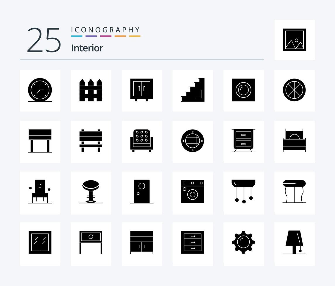 Interieur 25 solides Glyphen-Icon-Pack inklusive Interieur. Bühne. Schrank. eben. Boden vektor