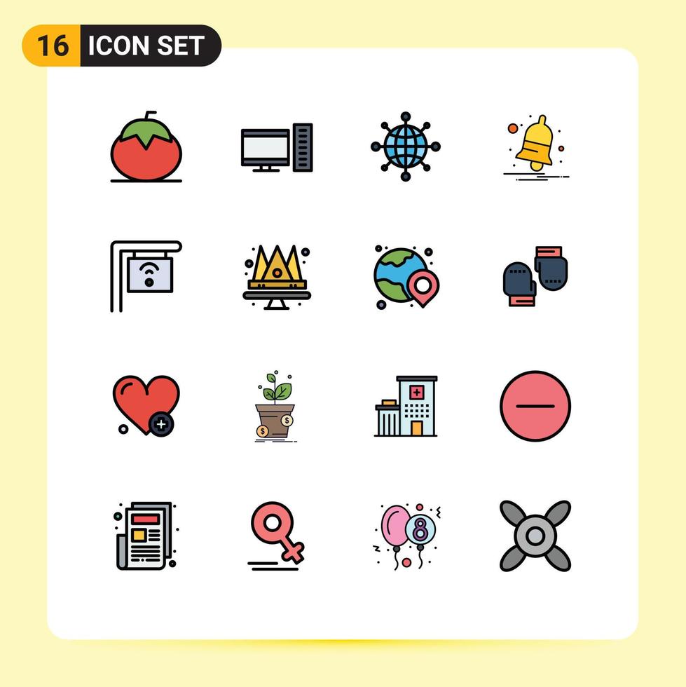 16 flache, farbig gefüllte Zeilenpakete der Benutzeroberfläche mit modernen Zeichen und Symbolen des Internet-Warnservers benachrichtigen Glocke editierbare kreative Vektordesign-Elemente vektor