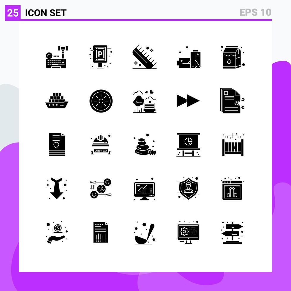 Satz von 25 kommerziellen soliden Glyphen-Packs für Milchgas-Board-Batterien Friseur editierbare Vektordesign-Elemente vektor