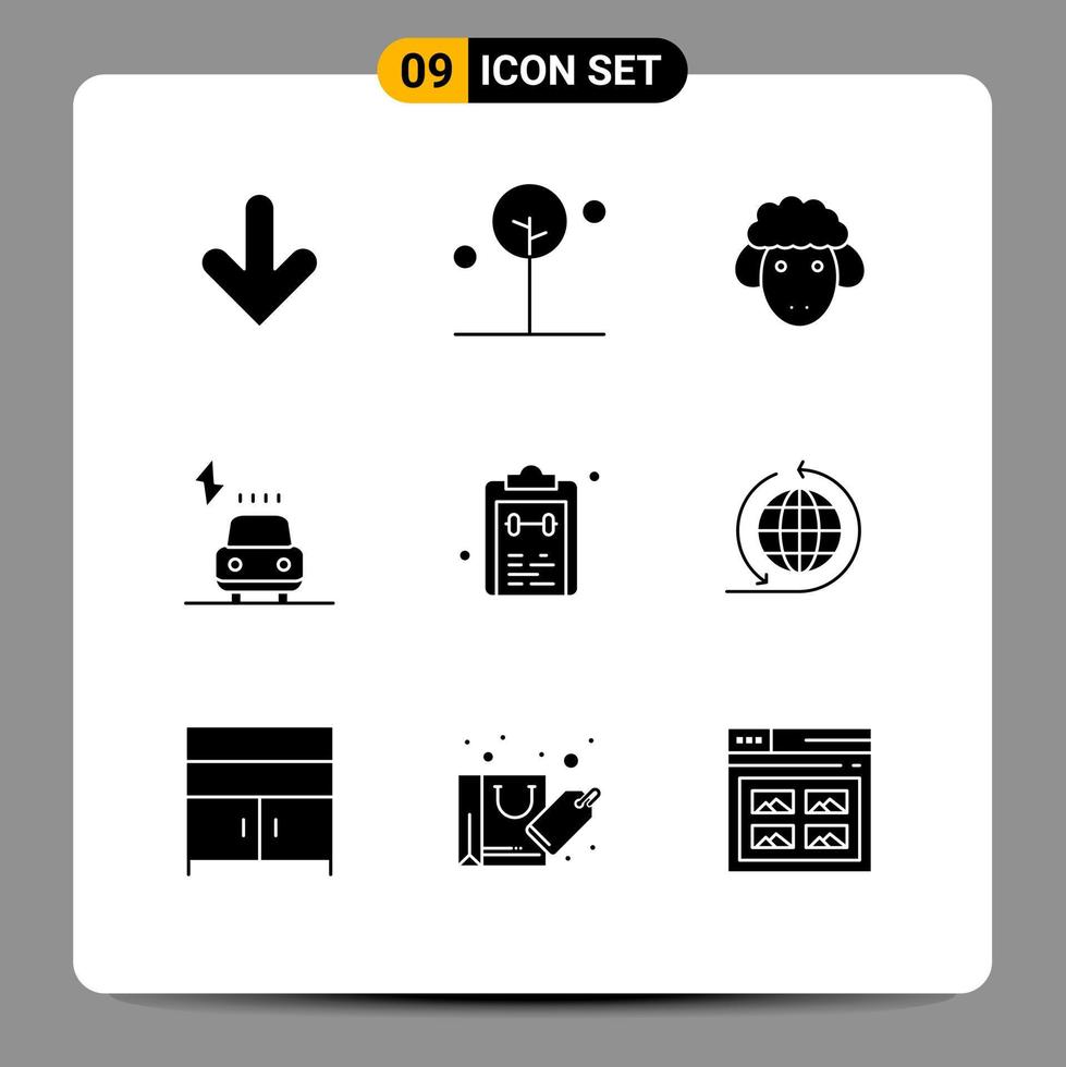 moderner Satz von 9 soliden Glyphen-Piktogrammen der Liste macht Ostern Elektroauto editierbare Vektordesign-Elemente vektor