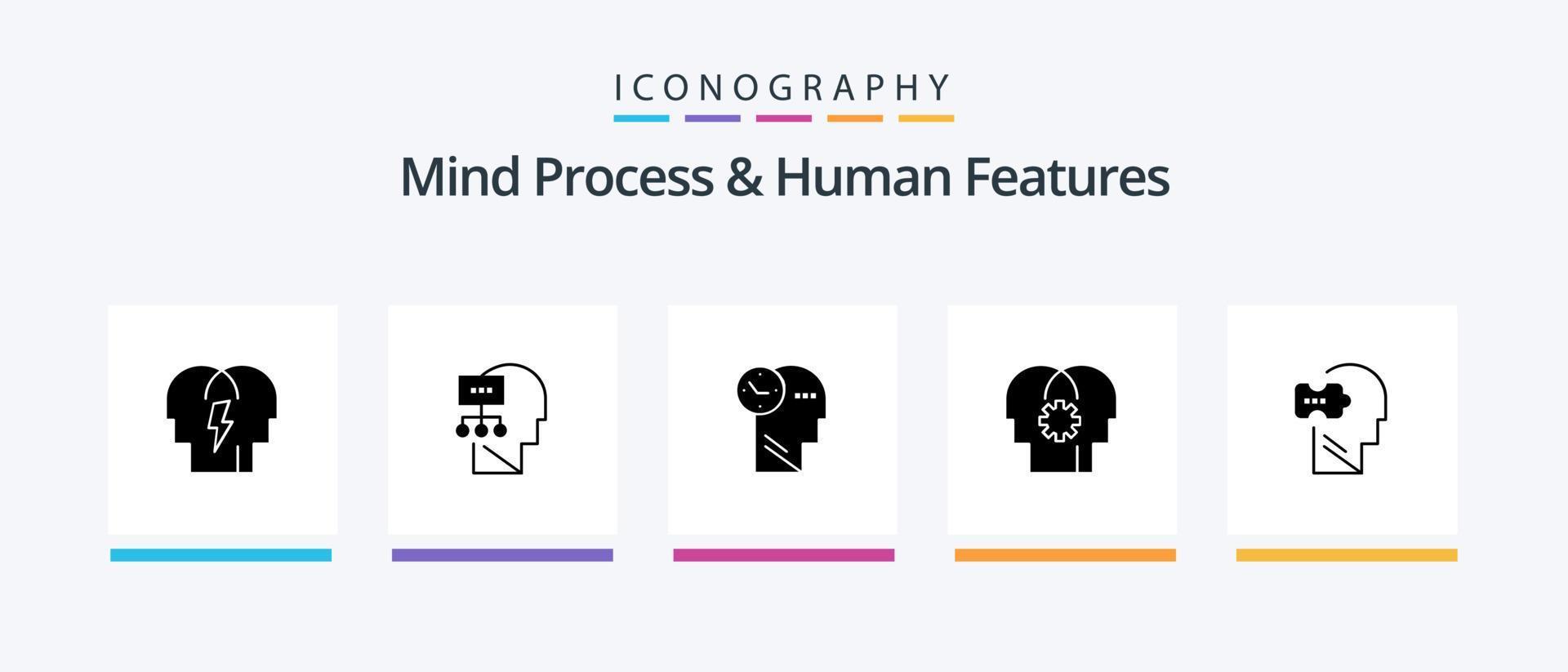 Mind Process und Human Features Glyph 5 Icon Pack inklusive Mind. Einstellung. Zeit. Verstand. Gehirn. kreatives Symboldesign vektor
