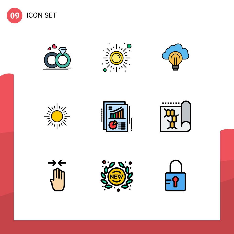 Gruppe von 9 modernen Filledline-Flachfarben, die für editierbare Vektordesign-Elemente des Diagramms Sunrise Yoga Sun Focus festgelegt werden vektor