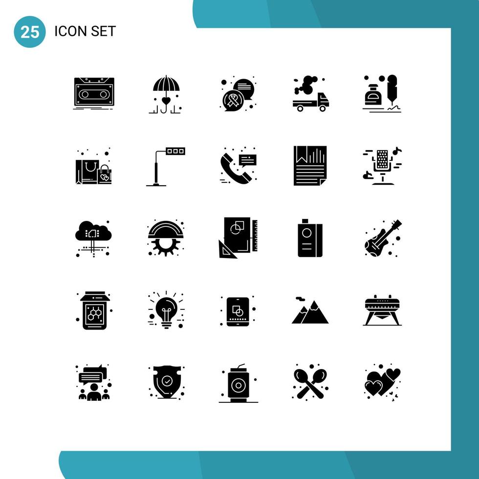 uppsättning av 25 vektor fast glyfer på rutnät för förorening utsläpp kärlek lastbil cancer tecken redigerbar vektor design element