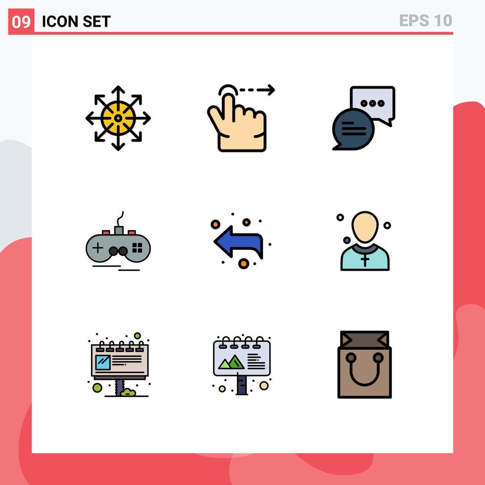 9 fylld linje platt Färg begrepp för webbplatser mobil och appar vänster pil chatt gamepad trådlös redigerbar vektor design element