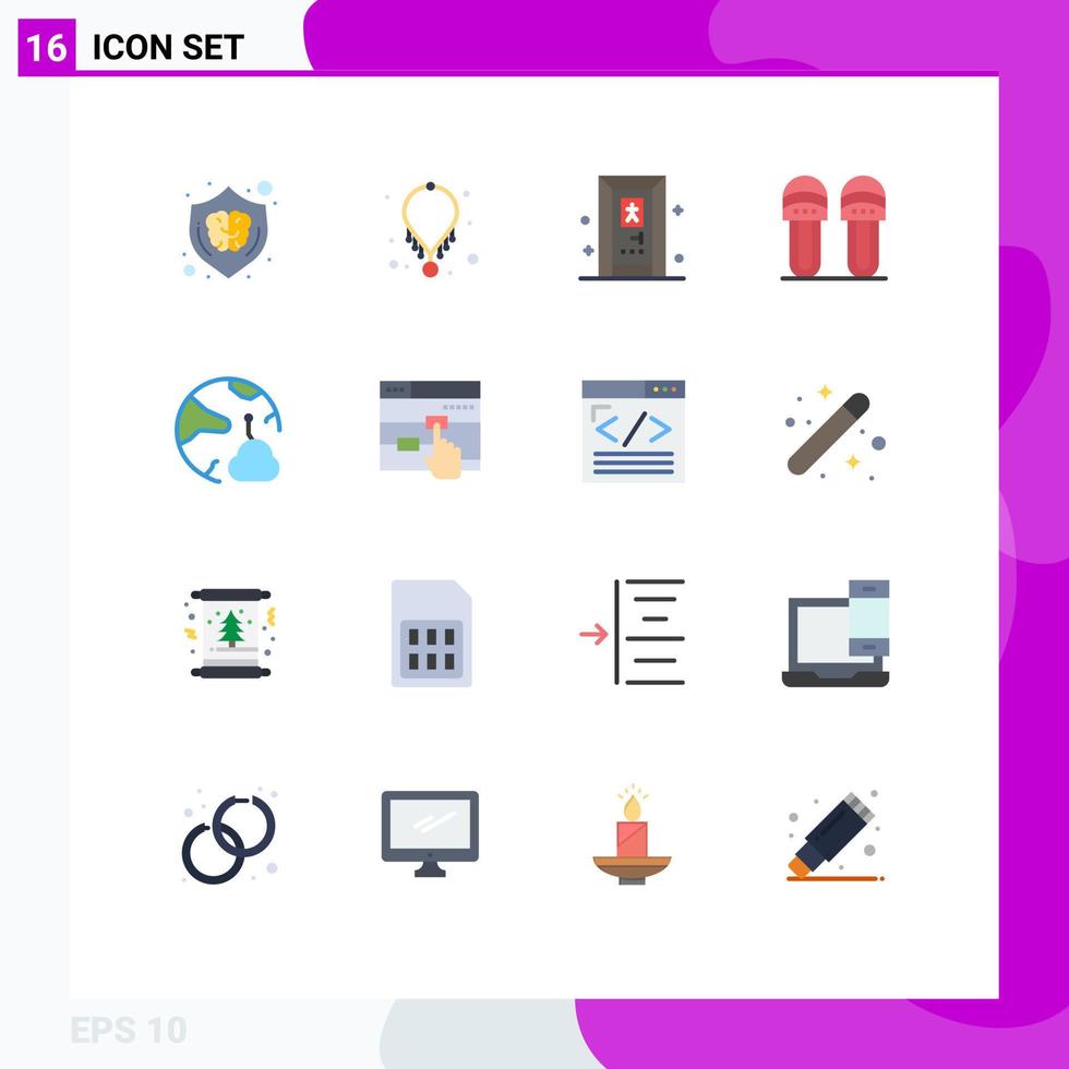 Modernes Set aus 16 flachen Farben und Symbolen wie Pantoffel, Halskette, Schuhe, Kleidung, bearbeitbares Paket kreativer Vektordesignelemente vektor