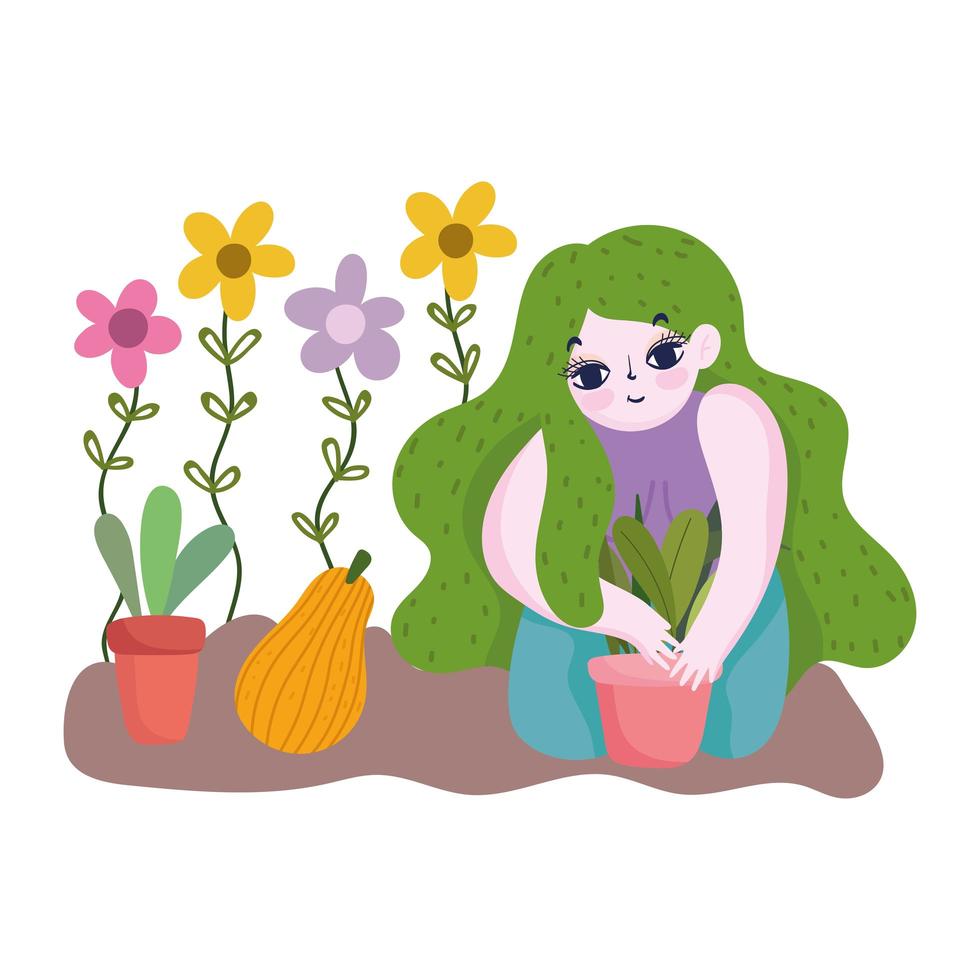glad trädgård, flicka med grön frisyr blommor planterar växter i kruka blommor frukt vektor