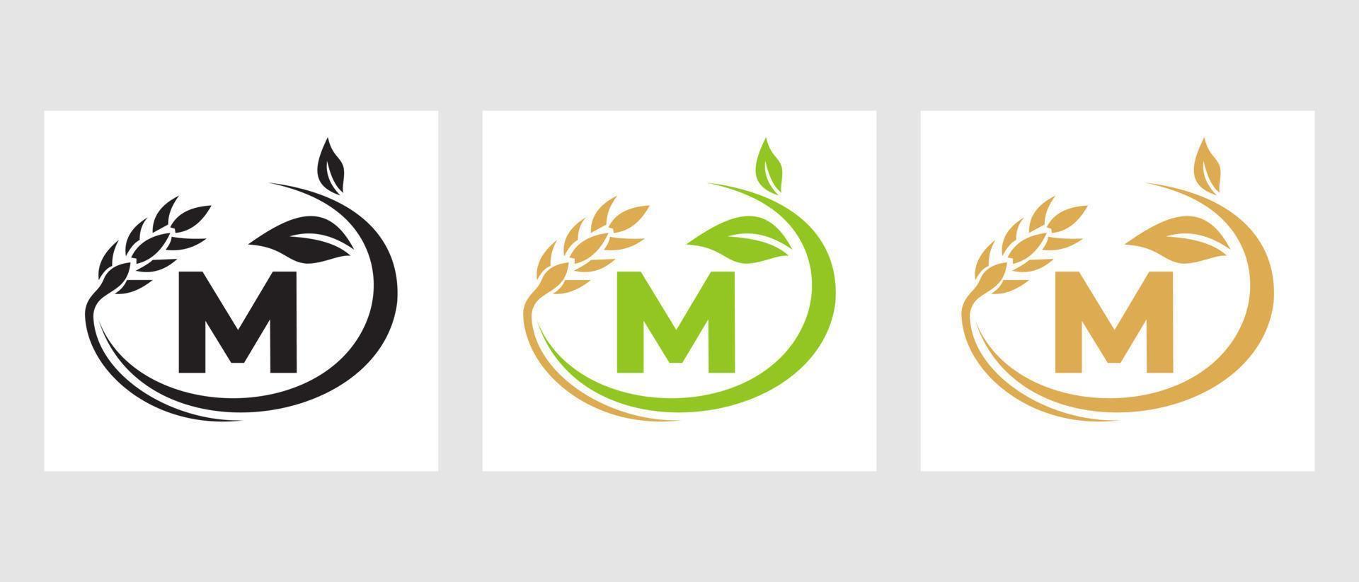 Buchstabe m Landwirtschaftslogo. Agribusiness, Eco-Farm-Design-Vorlage vektor