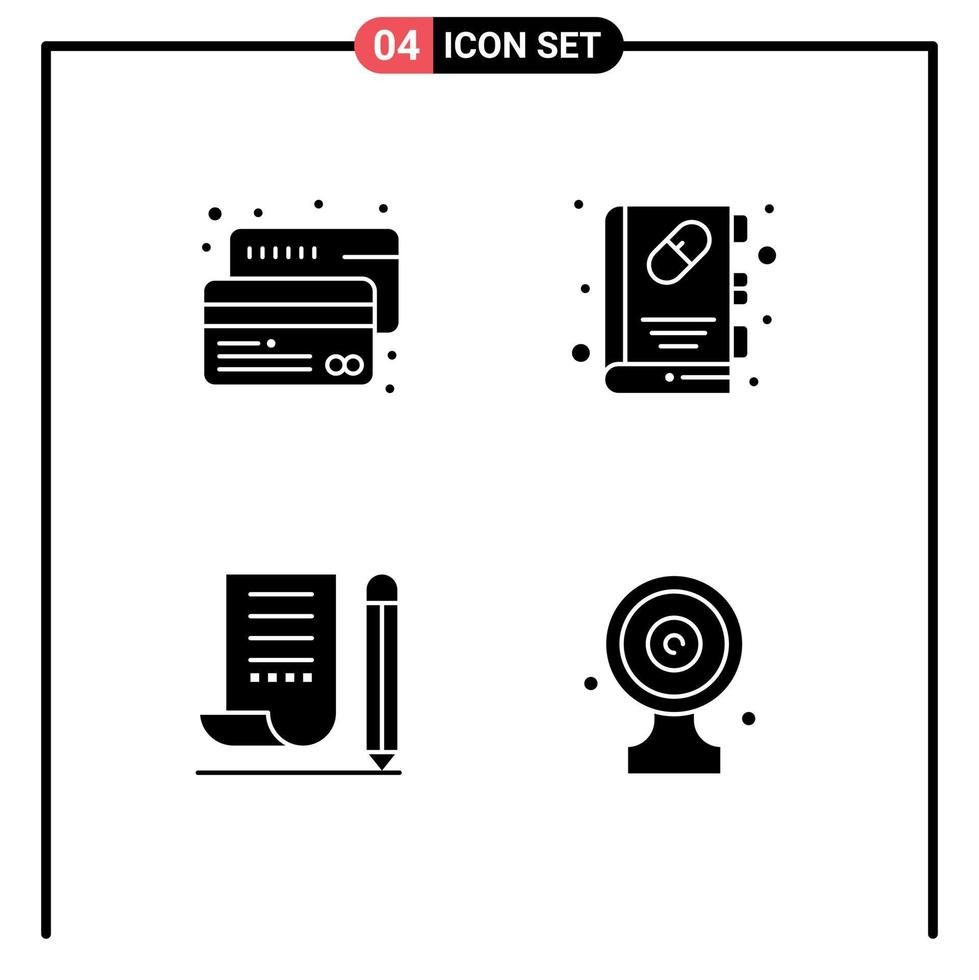 packa av 4 modern fast glyfer tecken och symboler för webb skriva ut media sådan som kreditera notera vaddera betalning hälsa bok anteckningsblock redigerbar vektor design element