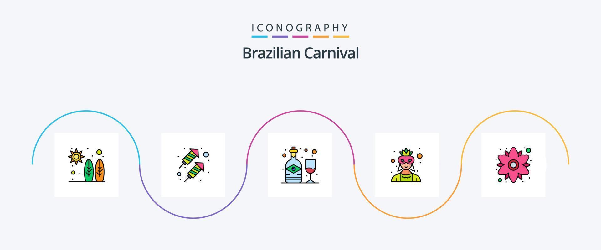 brasiliansk karneval linje fylld platt 5 ikon packa Inklusive blomma. kamomill. flaska. kostym. avatar vektor