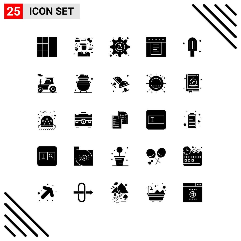 25 universelle solide Glyphen, die für Web- und mobile Anwendungen gesetzt werden. Ice Cream Gear Web Dropdown-bearbeitbare Vektordesign-Elemente vektor