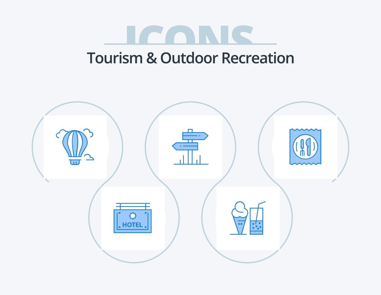 turism och utomhus- rekreation blå ikon packa 5 ikon design. hotell. rum. ballong. motell. riktning vektor