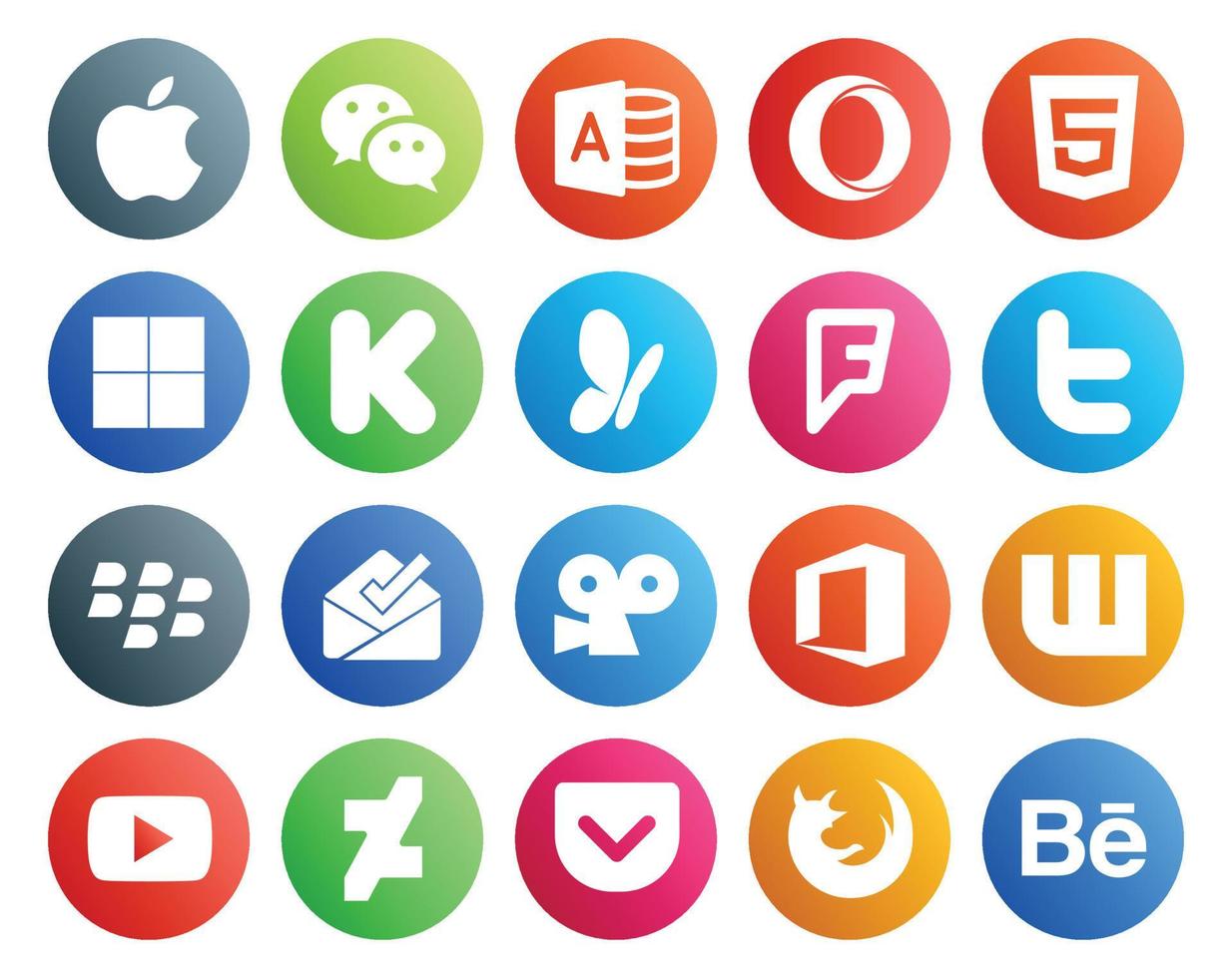 20 Symbolpakete für soziale Medien, einschließlich YouTube Office MSN Viddler Blackberry vektor