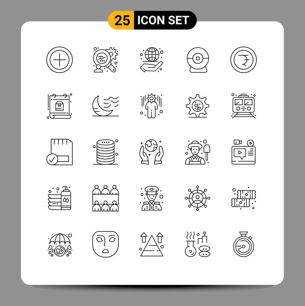 Stock Vector Icon Pack mit 25 Zeilenzeichen und Symbolen für die Zeitplan-Kalenderverwaltung Rupie-Münze editierbare Vektordesign-Elemente