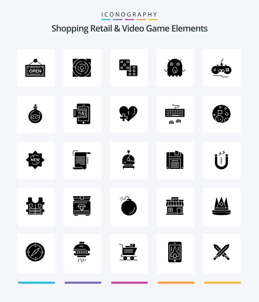 kreativ shoping detaljhandeln och video spel element 25 glyf fast svart ikon packa sådan som gamepad. trådlös. tärningar. joystick. utomjording vektor