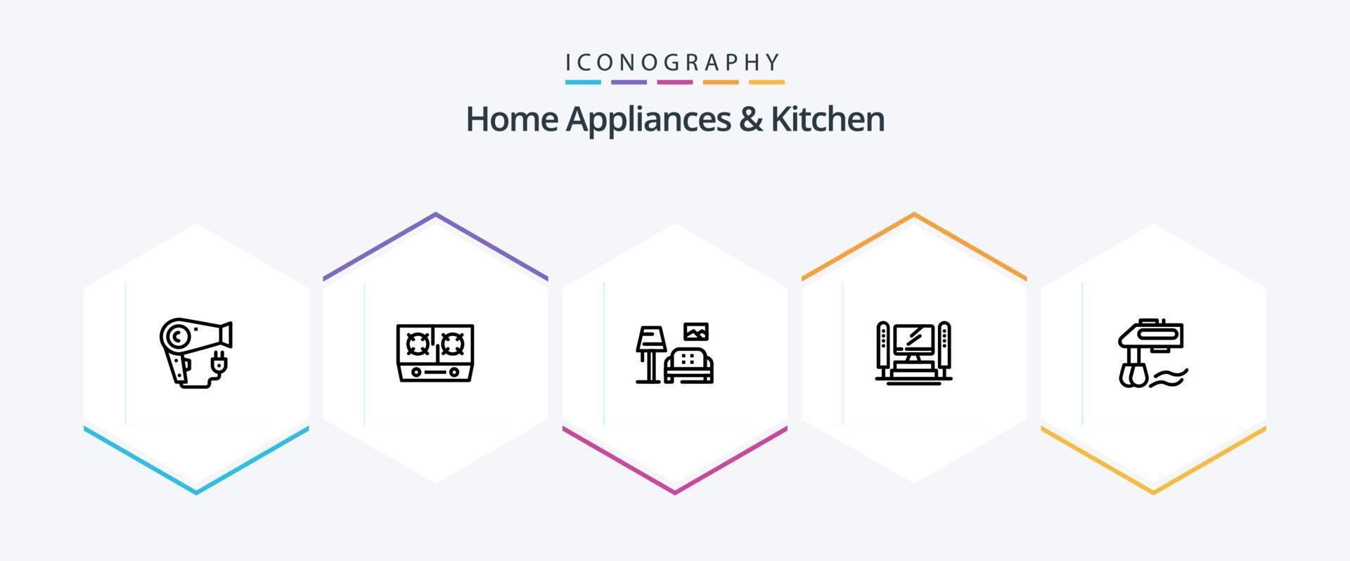 Hem apparater och kök 25 linje ikon packa Inklusive kök. Galleri. kök. soffa. klump vektor
