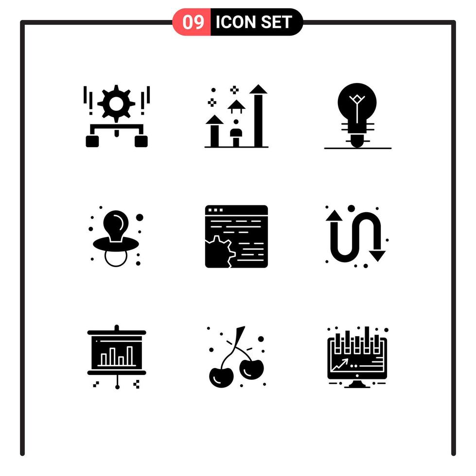 Stock Vector Icon Pack mit 9 Zeilenzeichen und Symbolen für Code-Nippel-Fortschritts-Dummy-Licht editierbare Vektordesign-Elemente