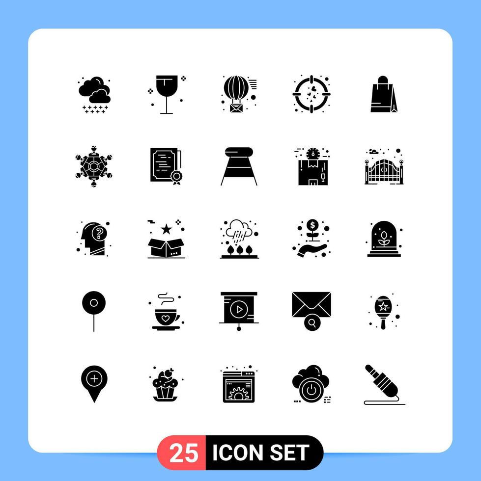 Piktogrammsatz von 25 einfachen soliden Glyphen von Shopping Handbeg Nachricht Ziel Liebe editierbare Vektordesign-Elemente vektor