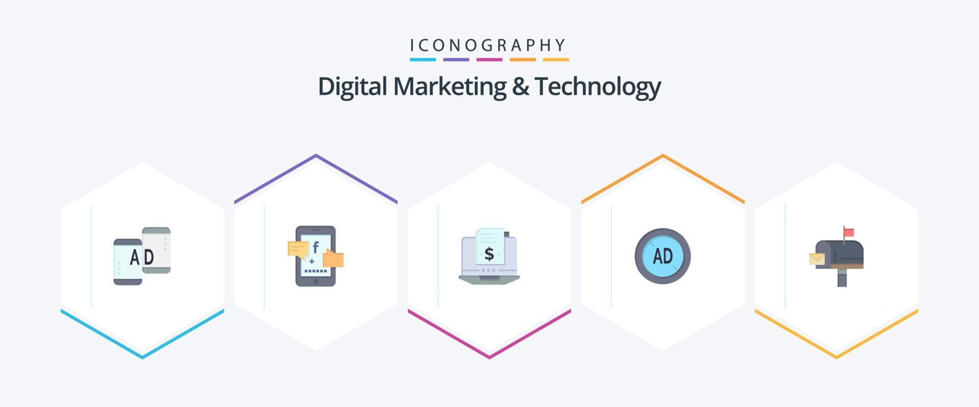 digital marknadsföring och teknologi 25 platt ikon packa Inklusive låda. digital. prenumeration. ad blockerare. ad vektor