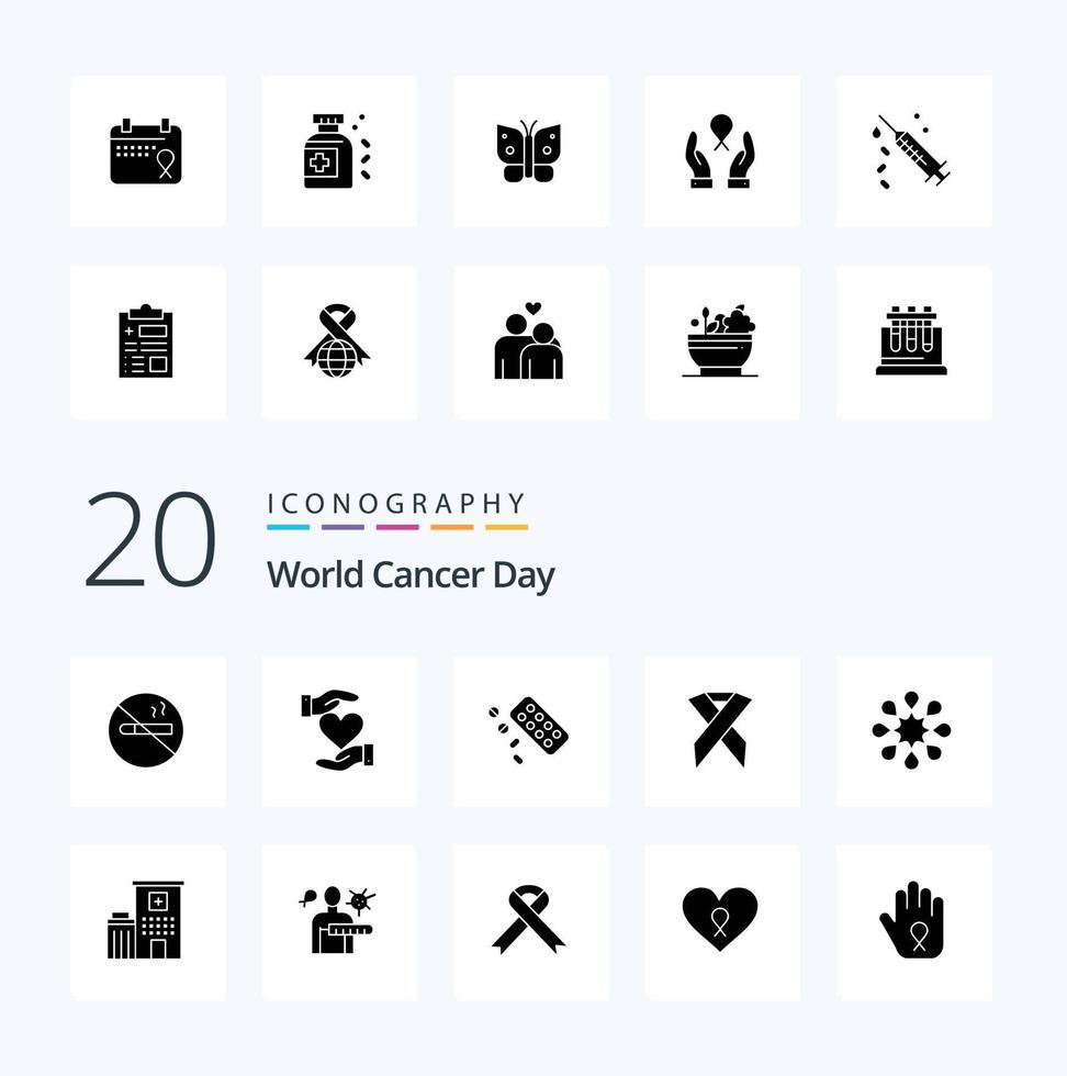 20 Weltkrebstag solides Glyphen-Icon-Pack wie Tablettenmedizin gibt Tag Welt vektor