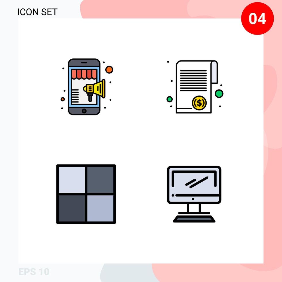 piktogram uppsättning av 4 enkel fylld linje platt färger av uppkopplad rutnät mobil marknadsföring pengar dator redigerbar vektor design element
