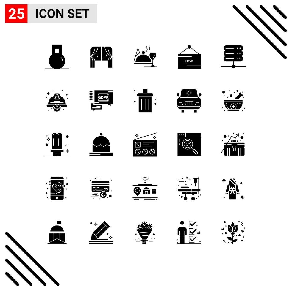 grupp av 25 fast glyfer tecken och symboler för databas produkt hotell ny e-handel redigerbar vektor design element