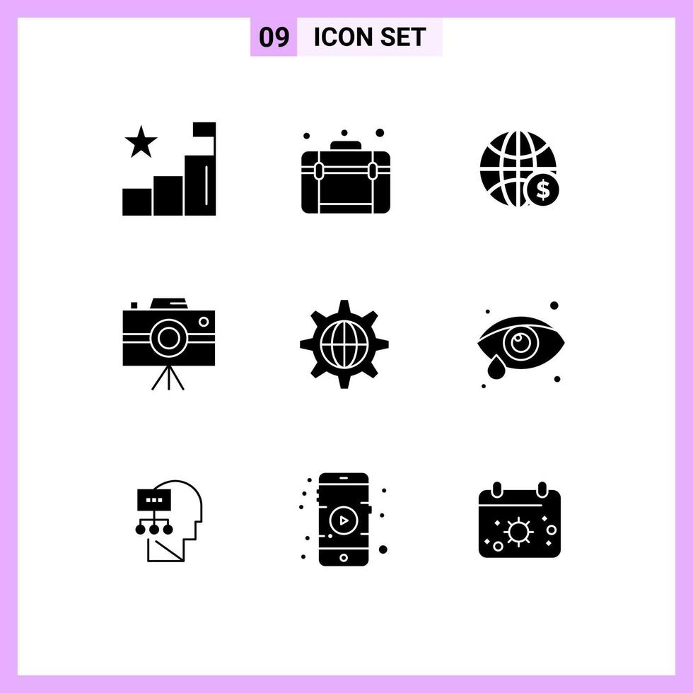 Stock Vector Icon Pack mit 9 Zeilenzeichen und Symbolen für Sicherheitsjournalisten Kamerawelt Handycam Business editierbare Vektordesign-Elemente