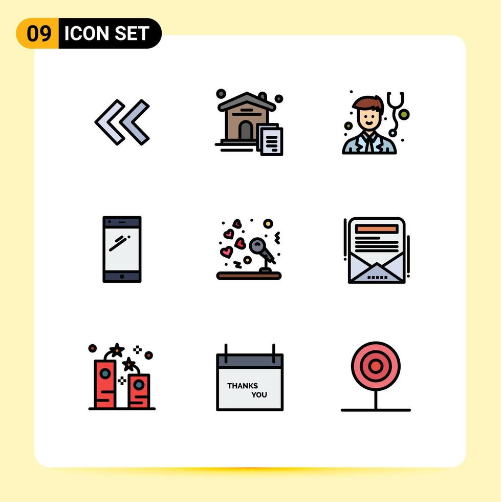 9 universelle Fillline-Flachfarben für Web- und mobile Anwendungen Musik Ehe Arzt iphone mobile editierbare Vektordesign-Elemente vektor