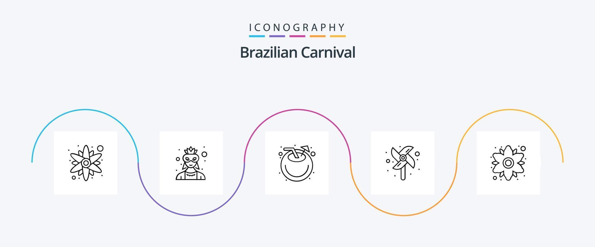 brasiliansk karneval linje 5 ikon packa Inklusive växt. blommig. kokos. kamomill. väderkvarn vektor