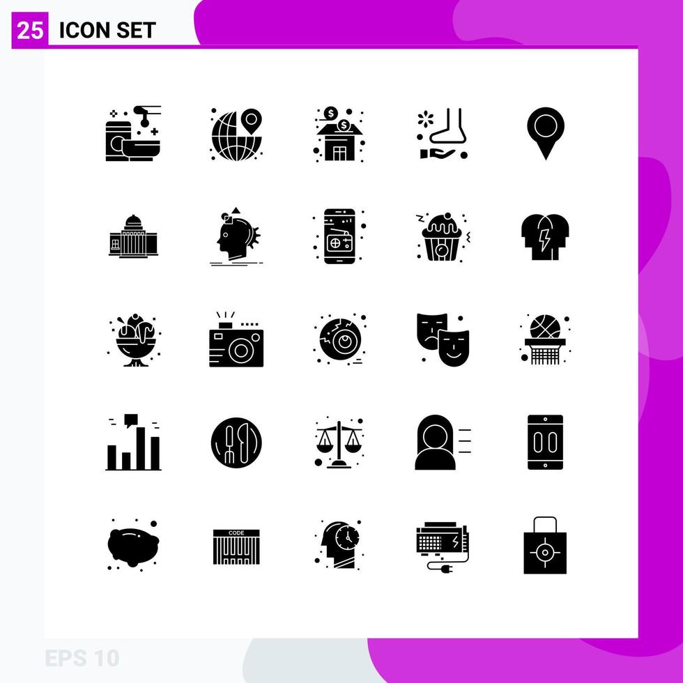 Set mit 25 kommerziellen Solid-Glyphen-Packs zum Entspannen des Fußes der Stock Finance editierbaren Vektordesign-Elemente vektor