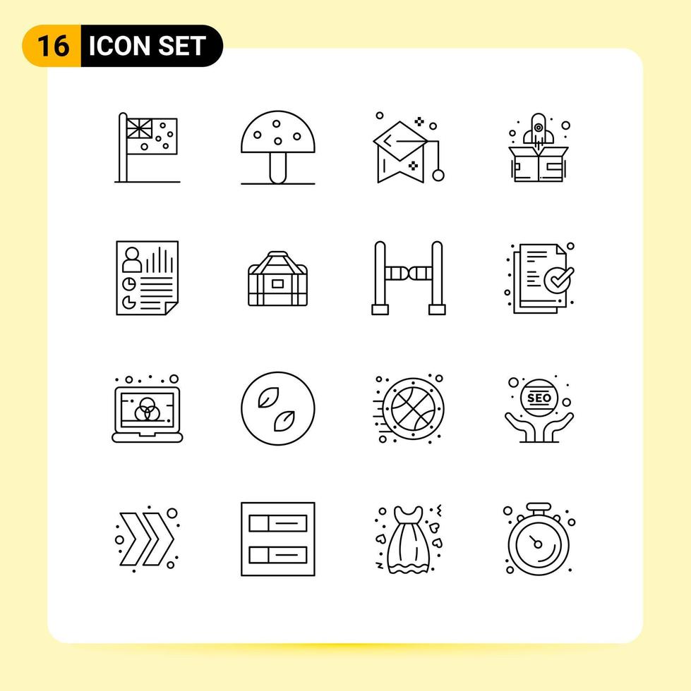 Piktogrammsatz von 16 einfachen Umrissen von Daten starten Gemüserakete Mortarboard editierbare Vektordesign-Elemente vektor