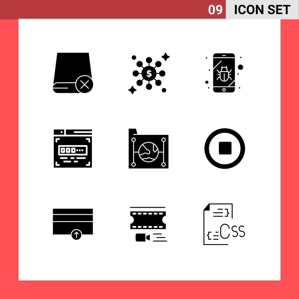 Gruppe von 9 soliden Glyphen Zeichen und Symbolen für bearbeitbare Vektordesign-Elemente für Document Cloud Bug Front-End-Entwicklungscode vektor