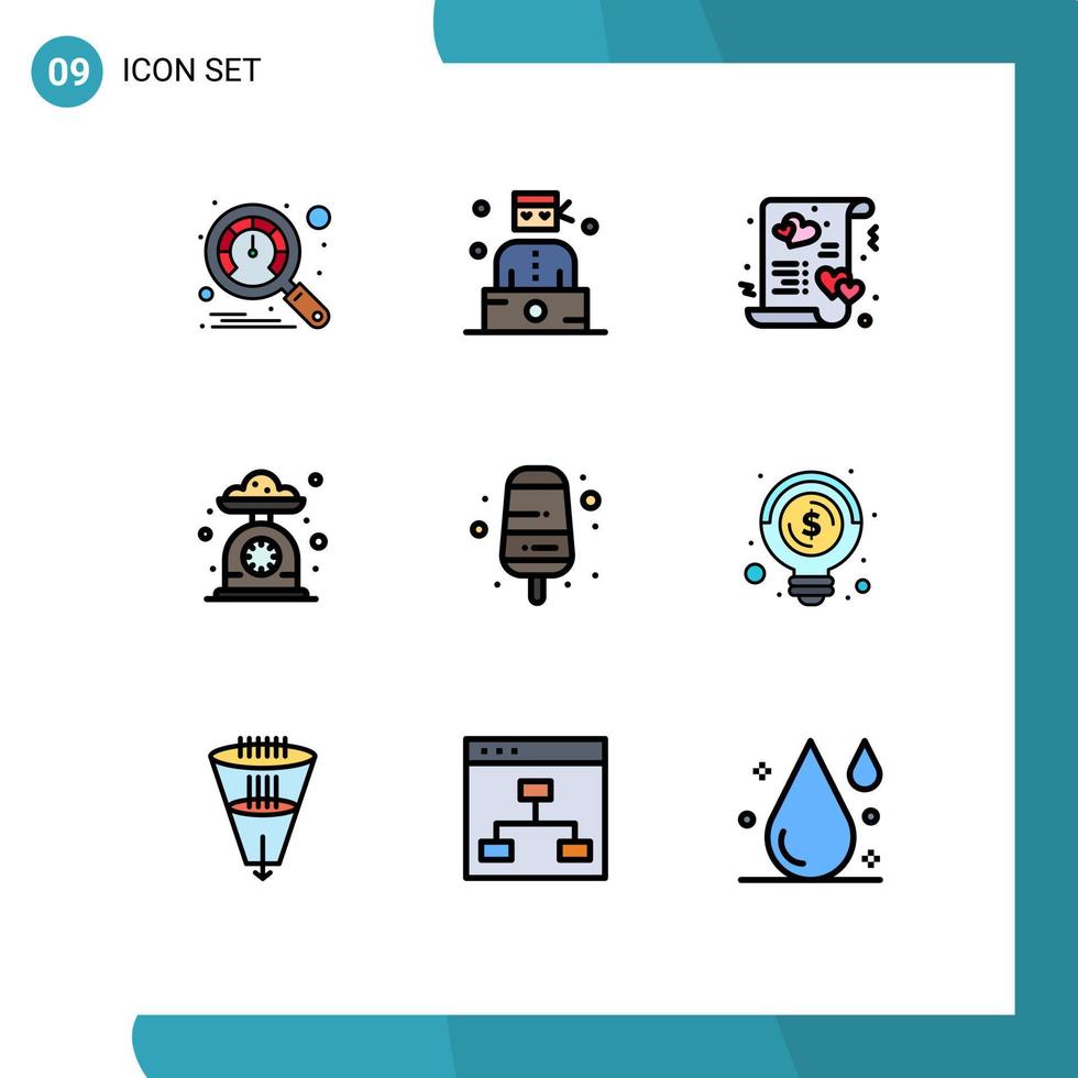 Gruppe von 9 gefüllten flachen Farben Zeichen und Symbolen für cremefarbene Küchenwaage Herzküche Backen editierbare Vektordesign-Elemente vektor