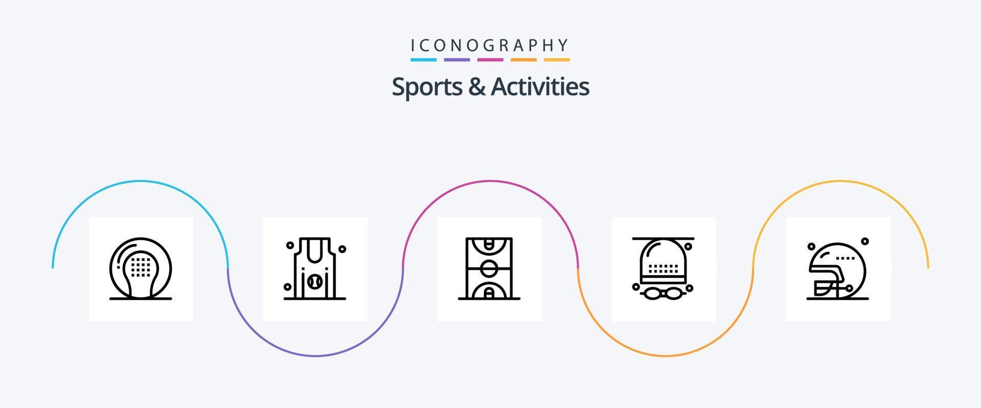 Sport- und Aktivitätenlinie 5 Icon Pack inklusive Brille. Leichtathletik. Mannschaft. Aktivitäten. Spiel vektor
