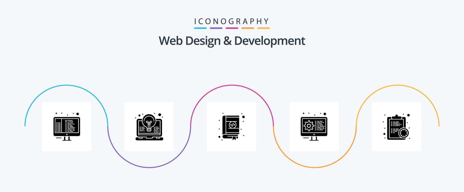 webb design och utveckling glyf 5 ikon packa Inklusive inställningar. utveckling. ljus. kodning. design vektor