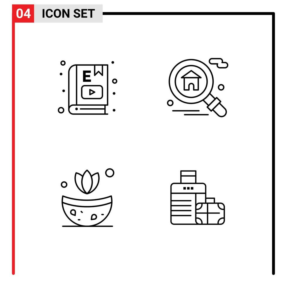 editierbares Vektorlinienpaket mit 4 einfachen gefüllten flachen Farben von E-Book-Spa-Lernsuchgepäck editierbare Vektordesign-Elemente vektor