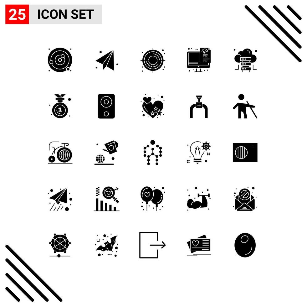 Gruppe von 25 modernen soliden Glyphen, die für die Optimierung editierbarer Vektordesign-Elemente der Server-Cloud-Zieldateien festgelegt wurden vektor