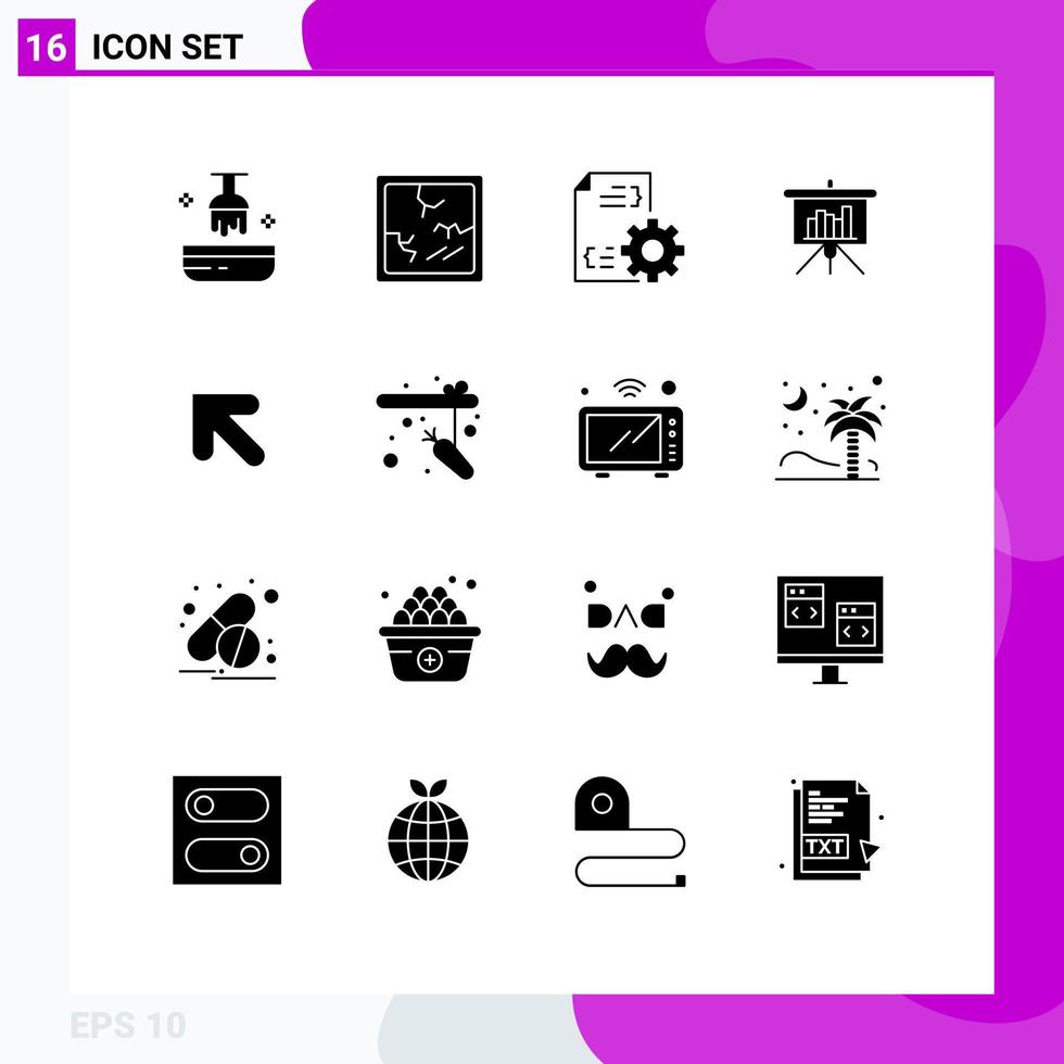 Stock Vector Icon Pack mit 16 Zeilenzeichen und Symbolen für den Entwicklungsbericht mit dem linken Pfeil, editierbare Vektordesign-Elemente