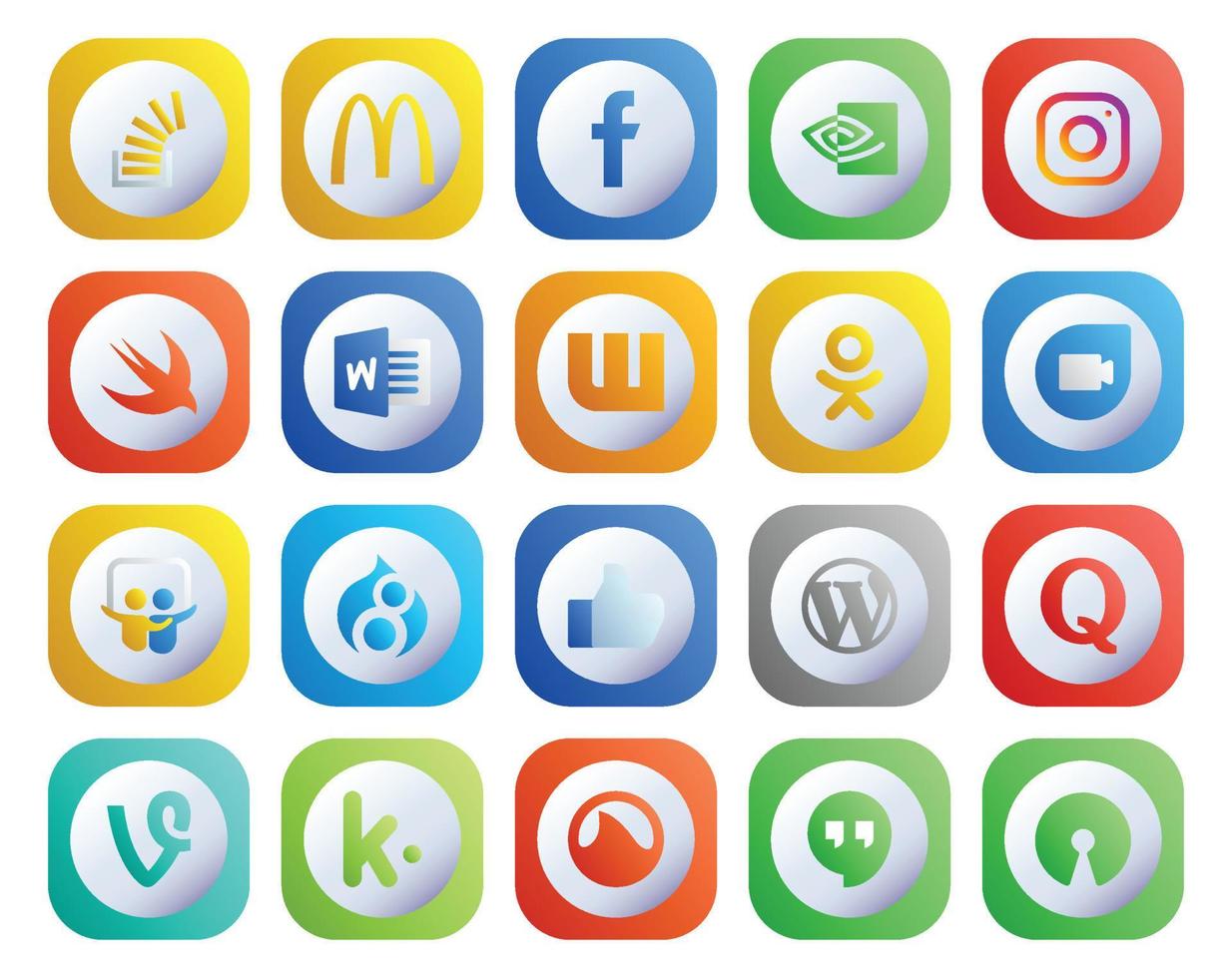 20 Social Media Icon Pack, einschließlich CMS wie Swift Drupal Google Duo vektor