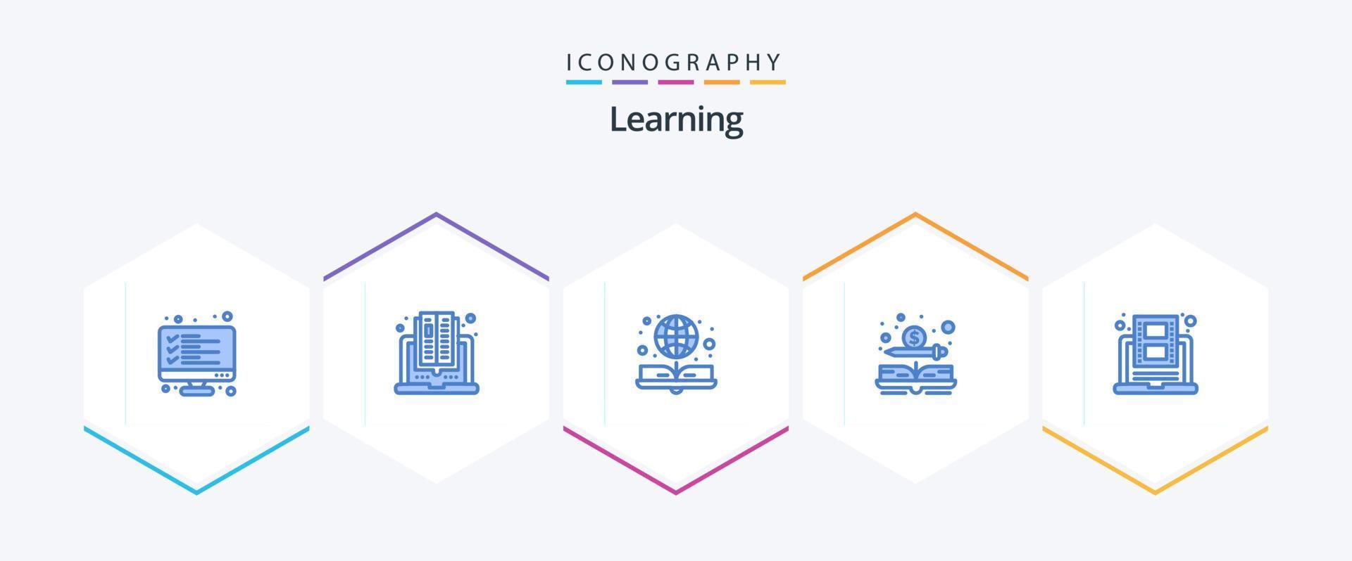 inlärning 25 blå ikon packa Inklusive utbildning. dollar. läsning. kontanter. uppkopplad bok vektor