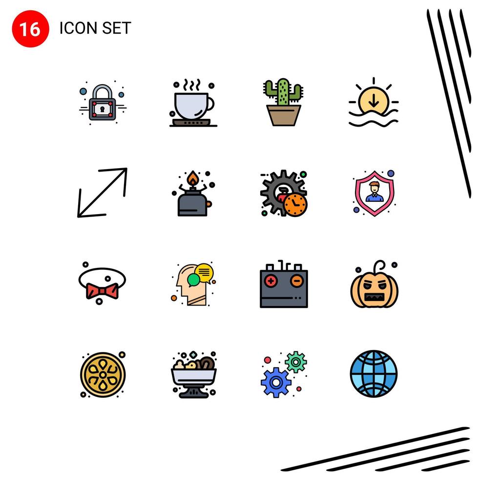 16 universelle, flache, farbgefüllte Linien für Web- und mobile Anwendungen, Campingecke, Naturpfeil, Sonnenuntergang, editierbare, kreative Vektordesign-Elemente vektor