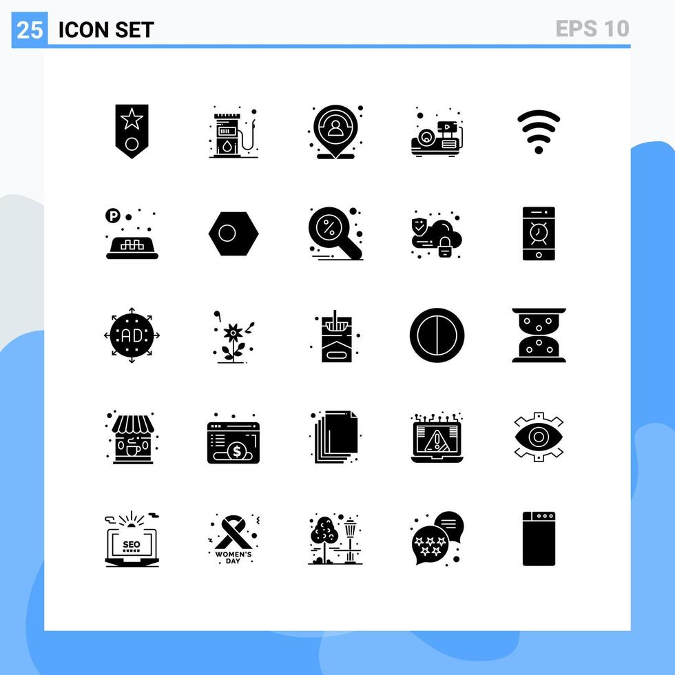 Gruppe von 25 soliden Glyphen Zeichen und Symbolen für Wi-Fi-Präsentation Kraftstoff Beamer Marker editierbare Vektordesign-Elemente vektor