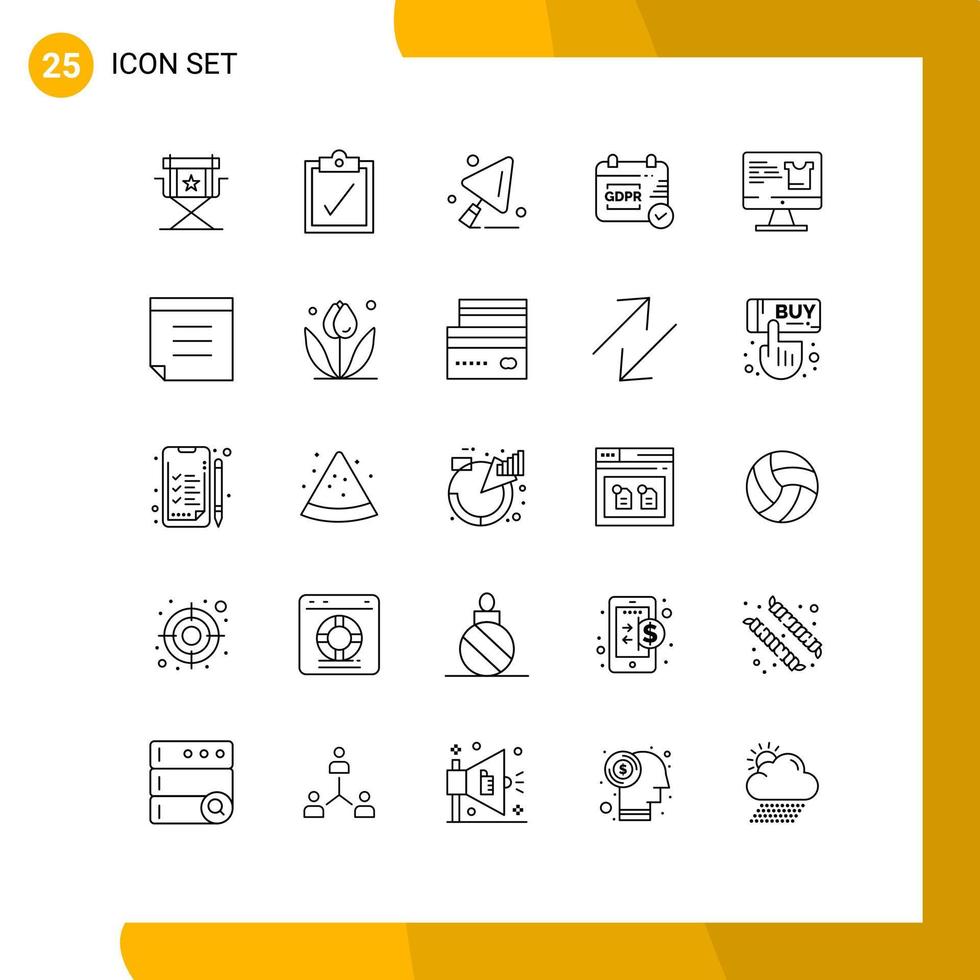 Stock Vector Icon Pack mit 25 Zeilenzeichen und Symbolen für Notizmonitor Bauwerkzeuge Bildschirmkalender editierbare Vektordesign-Elemente