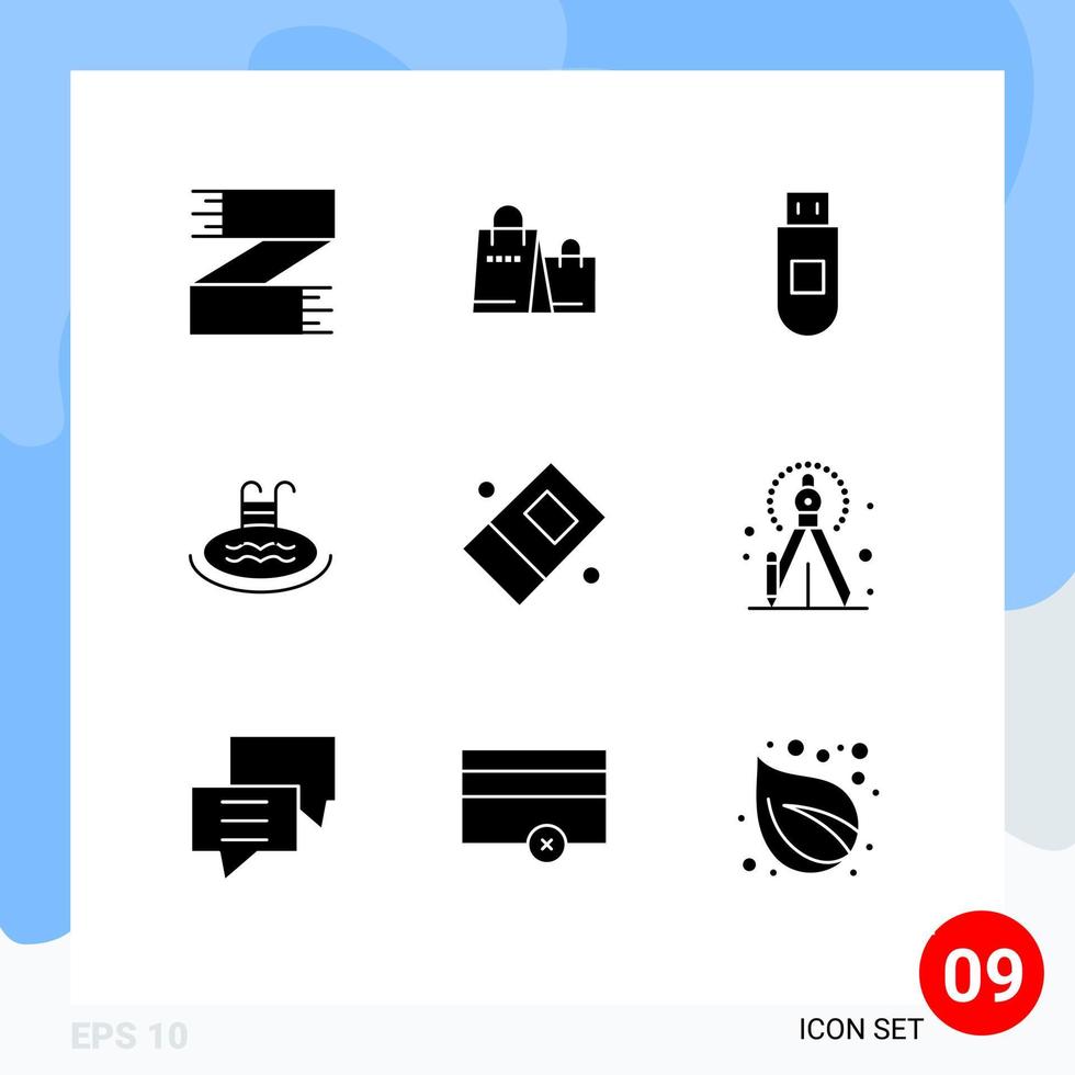 9 universell fast glyf tecken symboler av suddgummi service affär simning hotell redigerbar vektor design element
