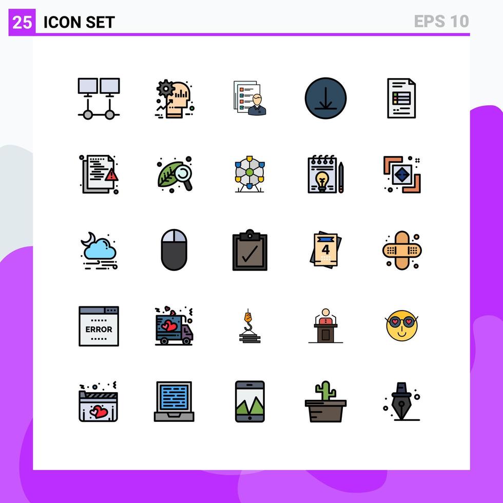 25 universell fylld linje platt färger uppsättning för webb och mobil tillämpningar Kompetens man produkt jobb företag redigerbar vektor design element