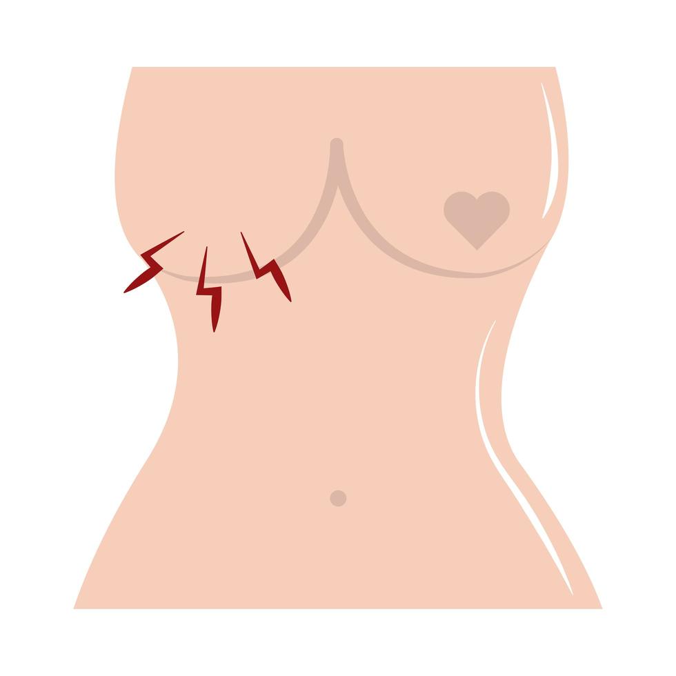 Monat des Bewusstseins für Brustkrebs, weibliches Körperherz auf der Brustwarze, flacher Symbolstil des Gesundheitskonzepts vektor