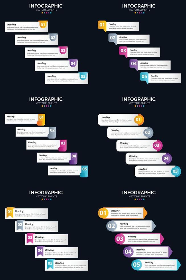 Vektor 6 Infografiken Pack Präsentationsfolie Vorlage 5 Schritte Zyklusdiagramme und Zeitleisten