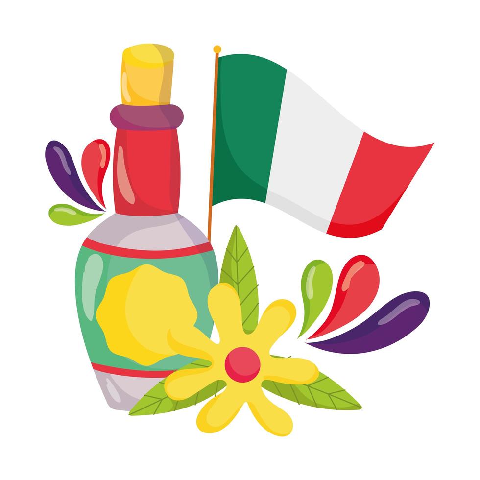 mexikanska självständighetsdagen, flaskan tequila blomma och flagga, viva mexico firas i september vektor