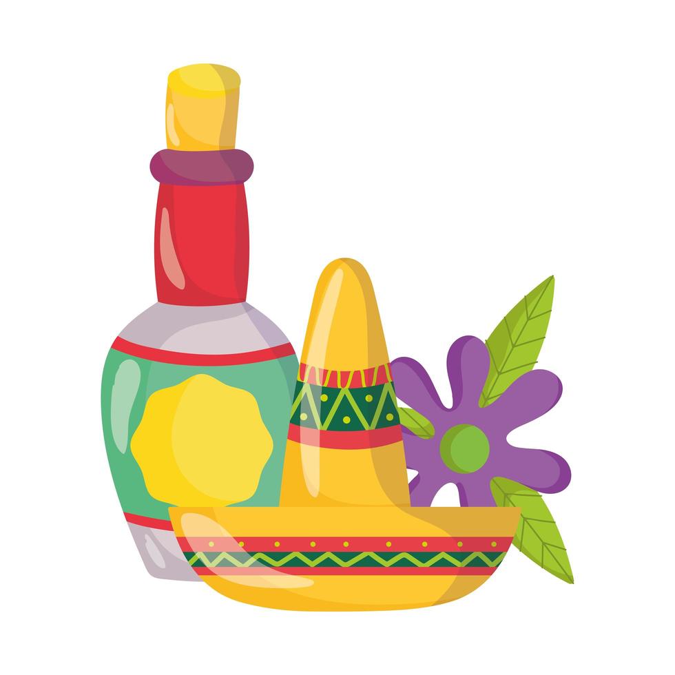 Mexikansk självständighetsdag, tequila-flaskan dricker hatt och blomma, viva mexico firas i september vektor