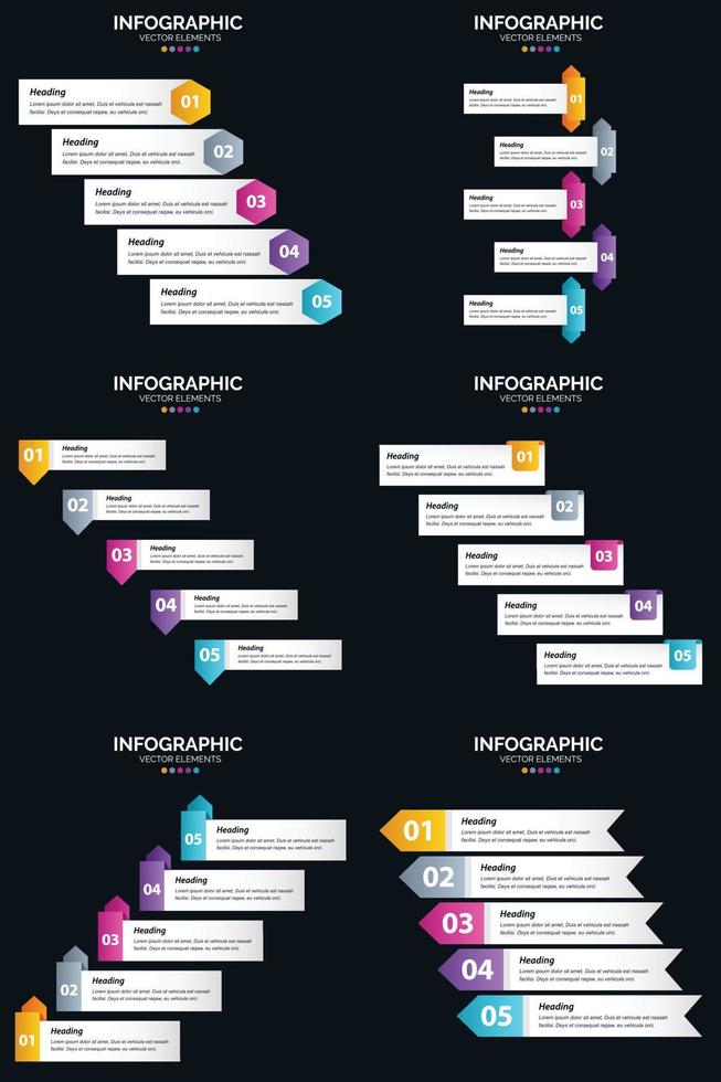 Vektor 6 Infografiken Pack Präsentationsfolie Vorlage 5 Schritte Zyklusdiagramme und Zeitleisten